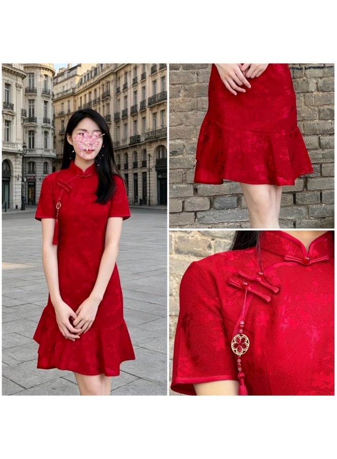Red Neo‑Chinese Mermaid Qipao Dress, Improved Cheongsam for Engagement and Casual Daily Use - Image 5
