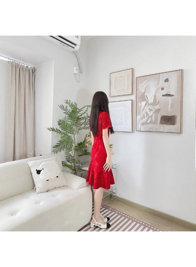 Red Neo‑Chinese Mermaid Qipao Dress, Improved Cheongsam for Engagement and Casual Daily Use - Image 3