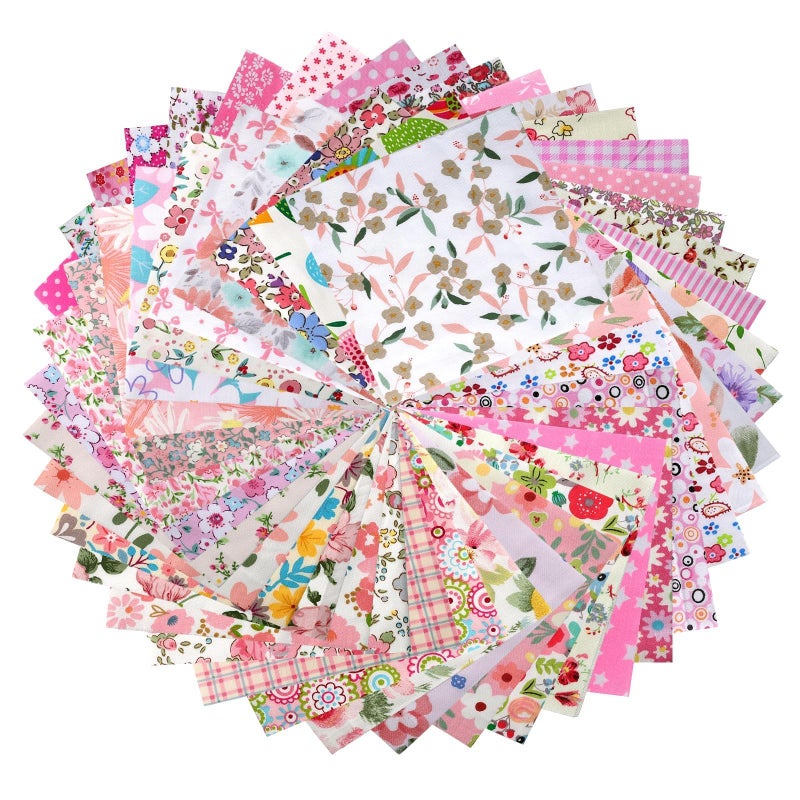 Asofelk 50PCS Floral Cotton Fabric Squares Random Style - Pre-Cut 5x5 Inch Pink Fabric Quilting Squares for Sewing,Charm Packs for Quilting Assorted Patterns - Image 1
