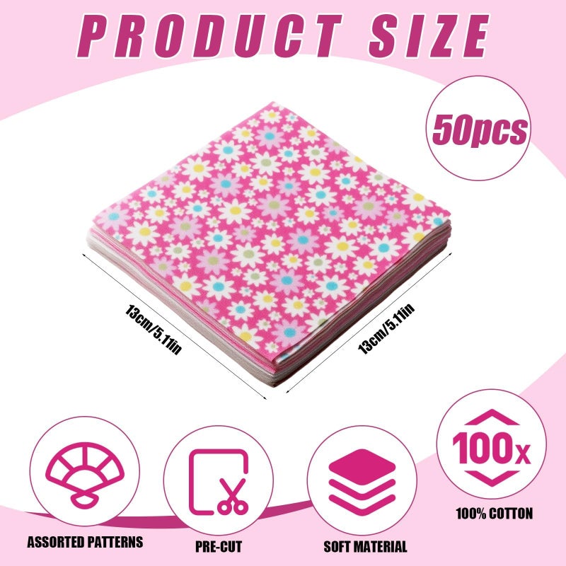 Asofelk 50PCS Floral Cotton Fabric Squares Random Style - Pre-Cut 5x5 Inch Pink Fabric Quilting Squares for Sewing,Charm Packs for Quilting Assorted Patterns - Image 2