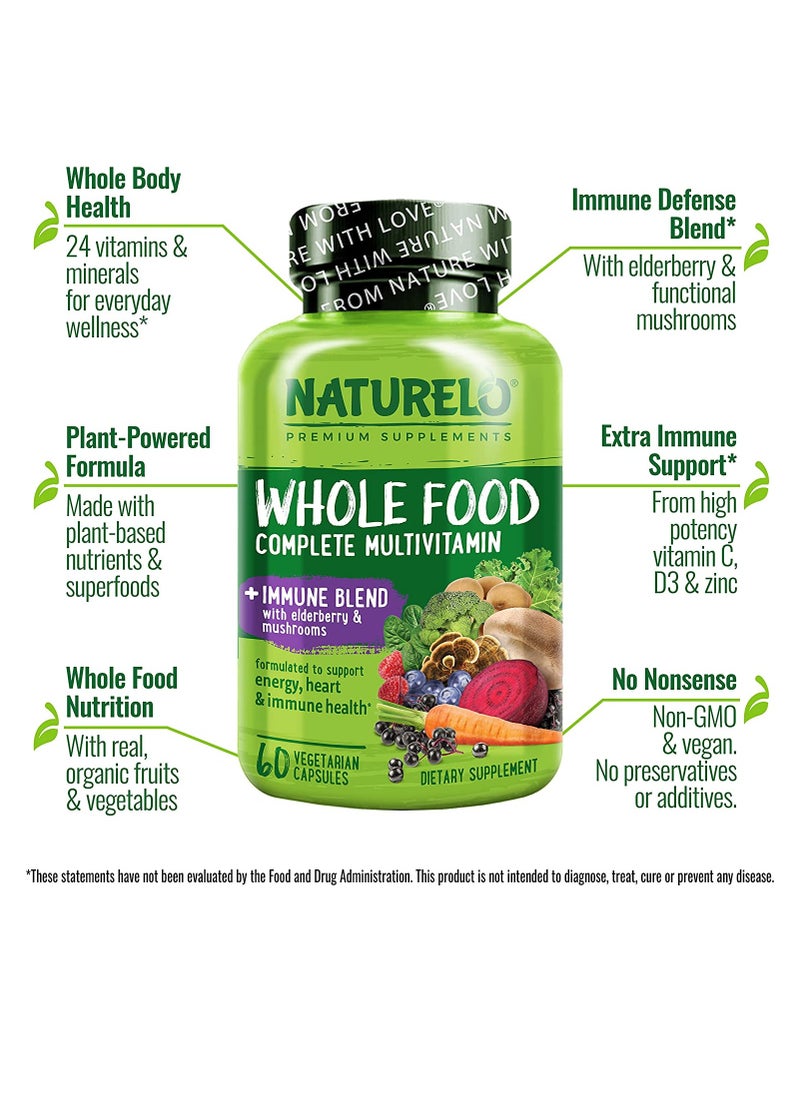 NATURELO - Whole Food Complete Multivitamin And Immune Blend With Elderberry, Mushrooms Formulated To Support Energy.Heart & Immune Health - 60 Vegetarian Capsules - Image 1