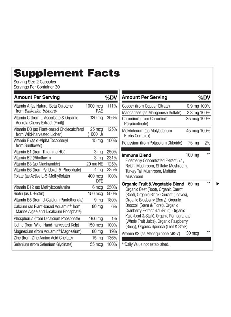 NATURELO - Whole Food Complete Multivitamin And Immune Blend With Elderberry, Mushrooms Formulated To Support Energy.Heart & Immune Health - 60 Vegetarian Capsules - Image 1