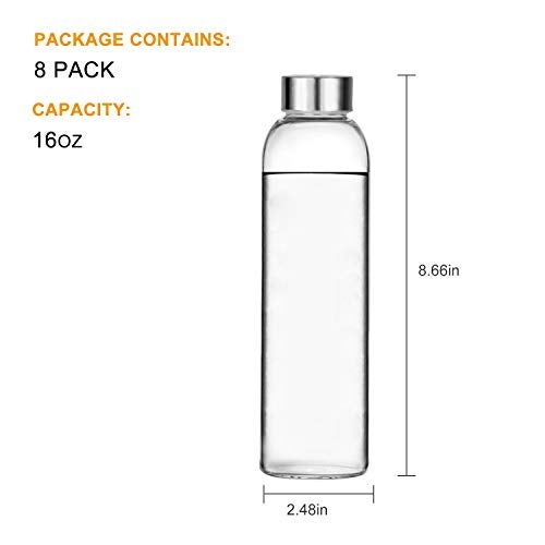 Encheng Glass Water Bottles,16oz Glass Drinking Bottle With Leakproof Stainless Steel Cap,Reusable Juice Bottles Beverage Drinkware,To Go Travel Bottles For Drink,Sauce,8Pack - Image 2