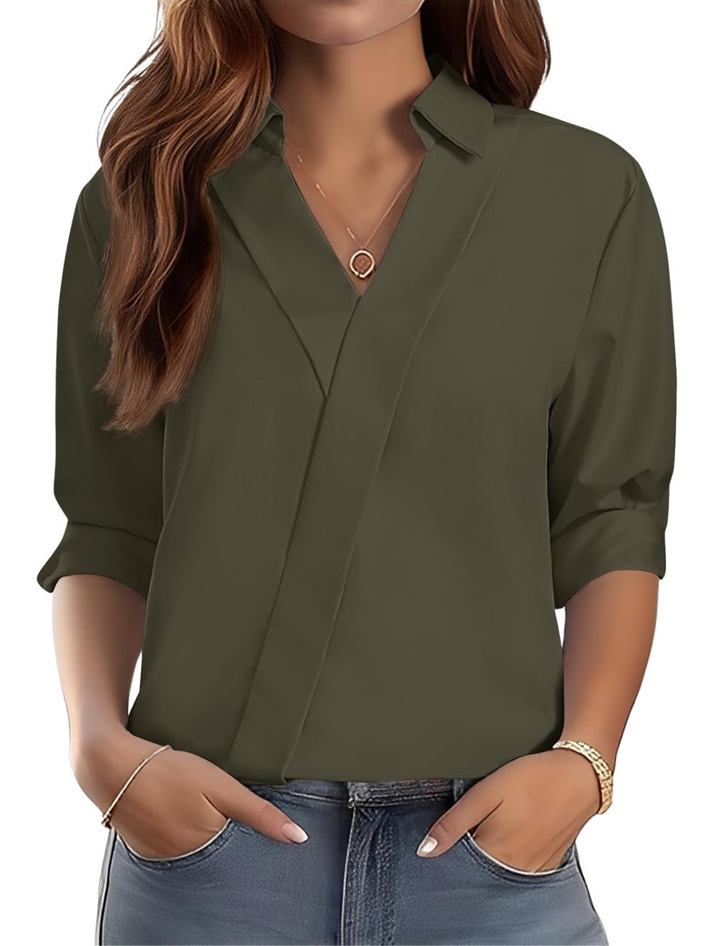 LOMON Womens Tops Dressy Three Four Sleeve Lapel V Neck Work Shirts Casual Roll up Short Sleeve Summer Tops Vacation Outfits (Army Green,M) - Image 1