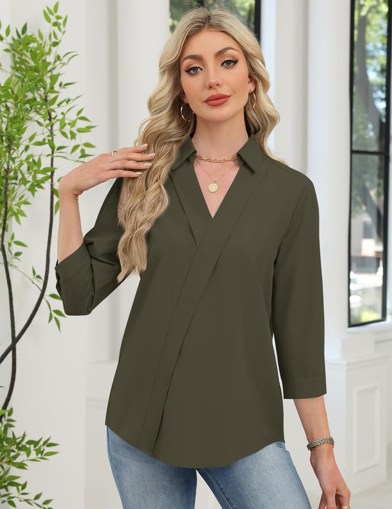 LOMON Womens Tops Dressy Three Four Sleeve Lapel V Neck Work Shirts Casual Roll up Short Sleeve Summer Tops Vacation Outfits (Army Green,M) - Image 2