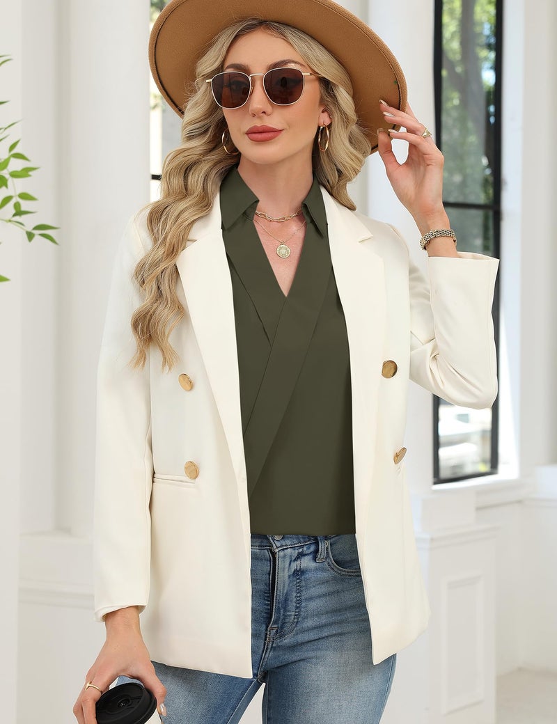 LOMON Womens Tops Dressy Three Four Sleeve Lapel V Neck Work Shirts Casual Roll up Short Sleeve Summer Tops Vacation Outfits (Army Green,M) - Image 4