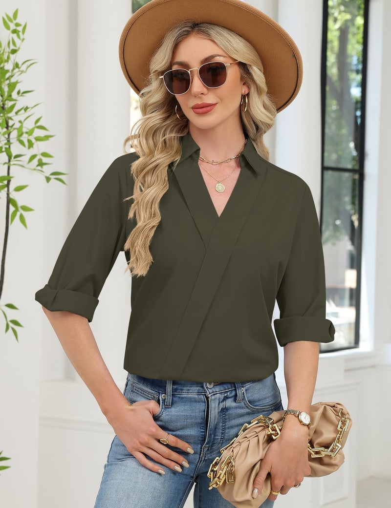 LOMON Womens Tops Dressy Three Four Sleeve Lapel V Neck Work Shirts Casual Roll up Short Sleeve Summer Tops Vacation Outfits (Army Green,M) - Image 3