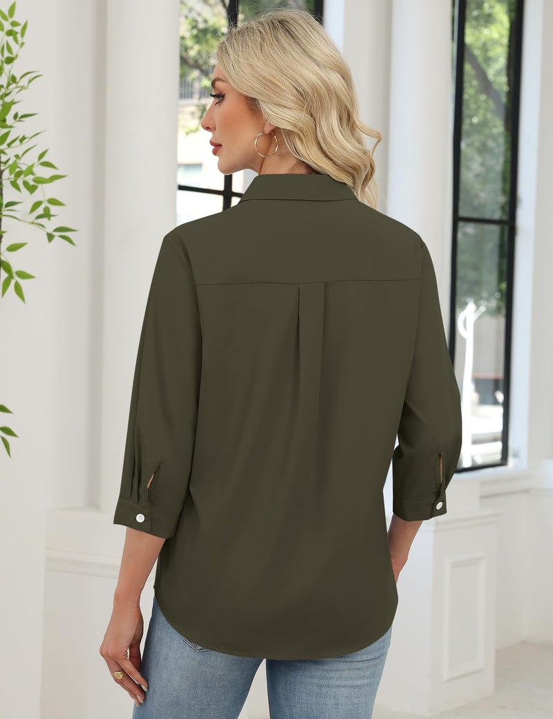 LOMON Womens Tops Dressy Three Four Sleeve Lapel V Neck Work Shirts Casual Roll up Short Sleeve Summer Tops Vacation Outfits (Army Green,M) - Image 5