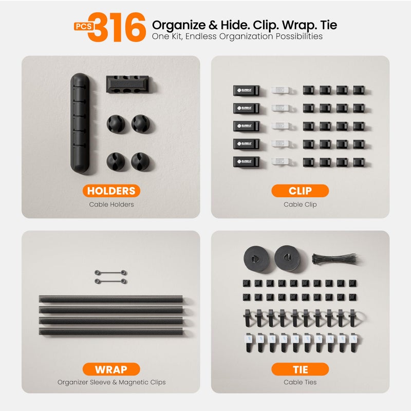 EUREKA ERGONOMIC طقم تنظيم كابلات EUREKA ERGONOMIC مكون من 316 قطعة، مسارات كابلات، 6 حوامل كابلات، 4 أكمام كابلات، 60 مشبك سلك، 2 لفة من روابط الأسلاك ذاتية اللصق، 100 رباط سلك تحت مكتب الكمبيوتر، أسود - Image 4