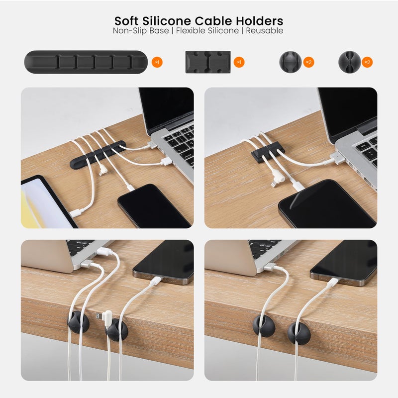EUREKA ERGONOMIC طقم تنظيم كابلات EUREKA ERGONOMIC مكون من 316 قطعة، مسارات كابلات، 6 حوامل كابلات، 4 أكمام كابلات، 60 مشبك سلك، 2 لفة من روابط الأسلاك ذاتية اللصق، 100 رباط سلك تحت مكتب الكمبيوتر، أسود - Image 5