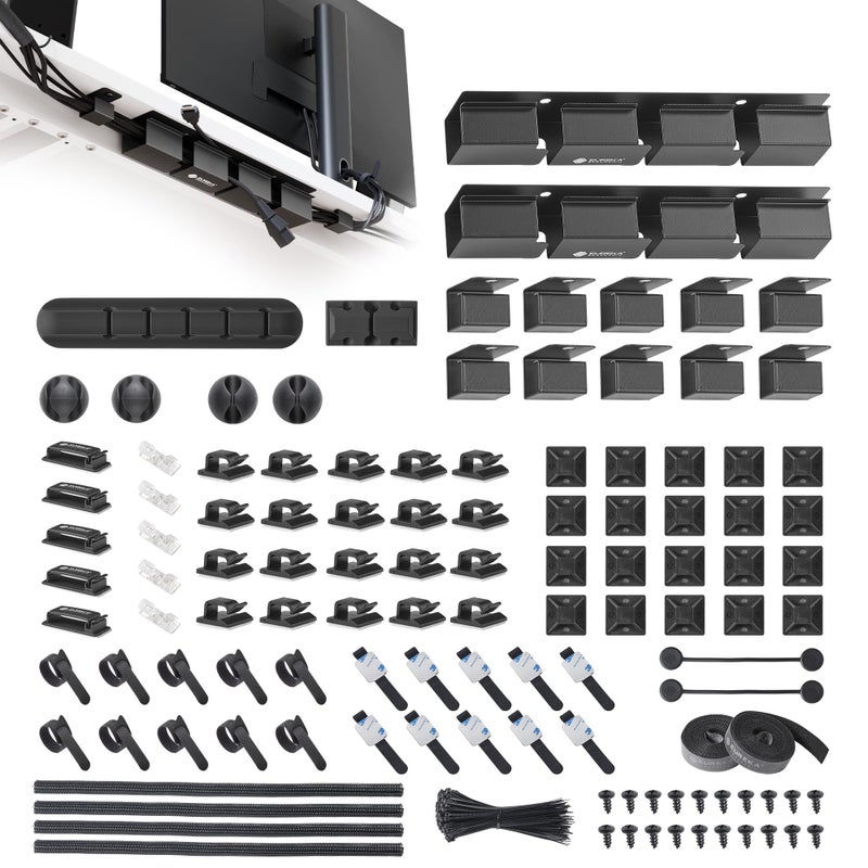 EUREKA ERGONOMIC طقم تنظيم كابلات EUREKA ERGONOMIC مكون من 316 قطعة، مسارات كابلات، 6 حوامل كابلات، 4 أكمام كابلات، 60 مشبك سلك، 2 لفة من روابط الأسلاك ذاتية اللصق، 100 رباط سلك تحت مكتب الكمبيوتر، أسود - Image 1