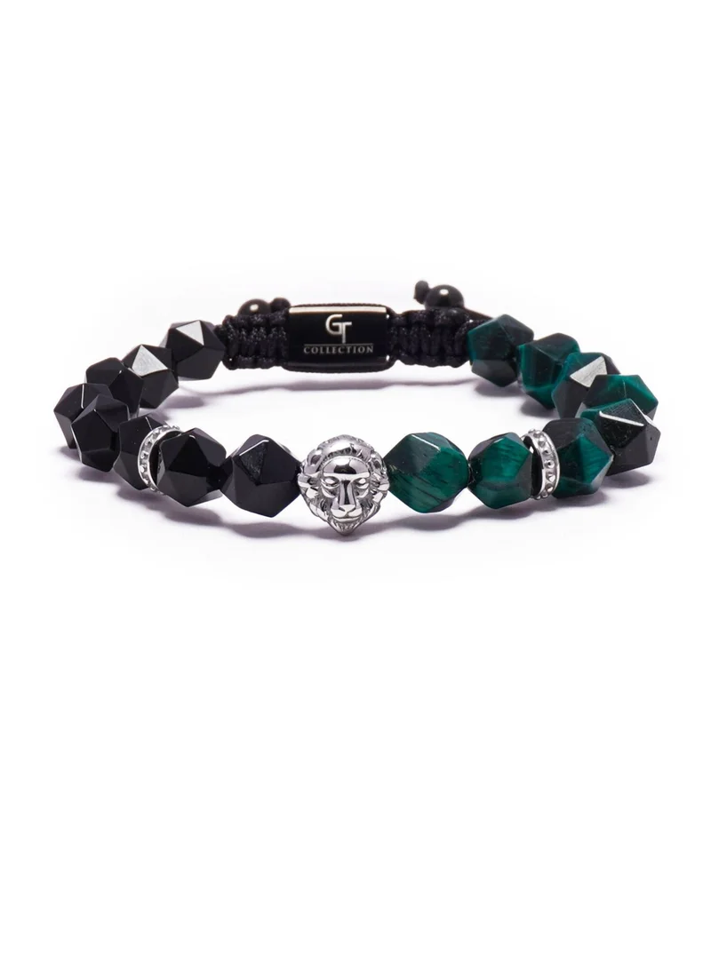 Lunnora Green Tiger Eye and Onyx Beads Handmade Natural Stone Bead Bracelet – Bracelet for Men, Men’s Bracelet, Gifts for Men, Bracelets for Men – With Silver Lion Head, Adjustable One Size Fits All