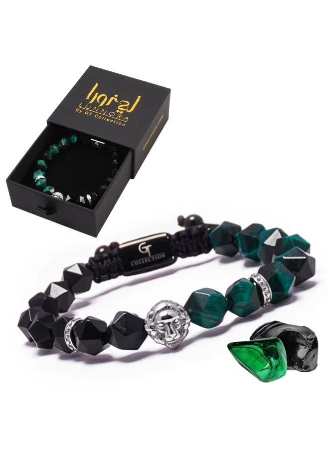 لونورا خرز عين النمر الأخضر والعقيق الأسود سوار خرز من الحجر الطبيعي مصنوع يدويًا – سوار للرجال، سوار رجالي، هدية للرجال، أساور للرجال – مع رأس أسد فضي، قابل للتعديل بمقاس واحد للجميع