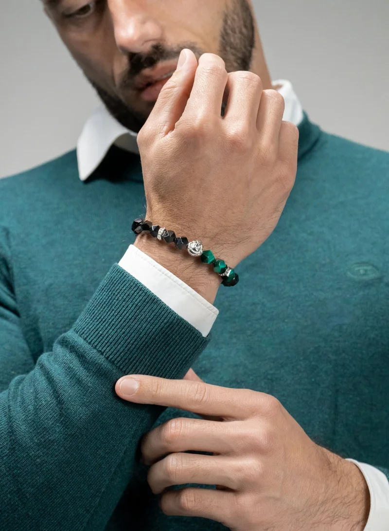 لونورا خرز عين النمر الأخضر والعقيق الأسود سوار خرز من الحجر الطبيعي مصنوع يدويًا – سوار للرجال، سوار رجالي، هدية للرجال، أساور للرجال – مع رأس أسد فضي، قابل للتعديل بمقاس واحد للجميع