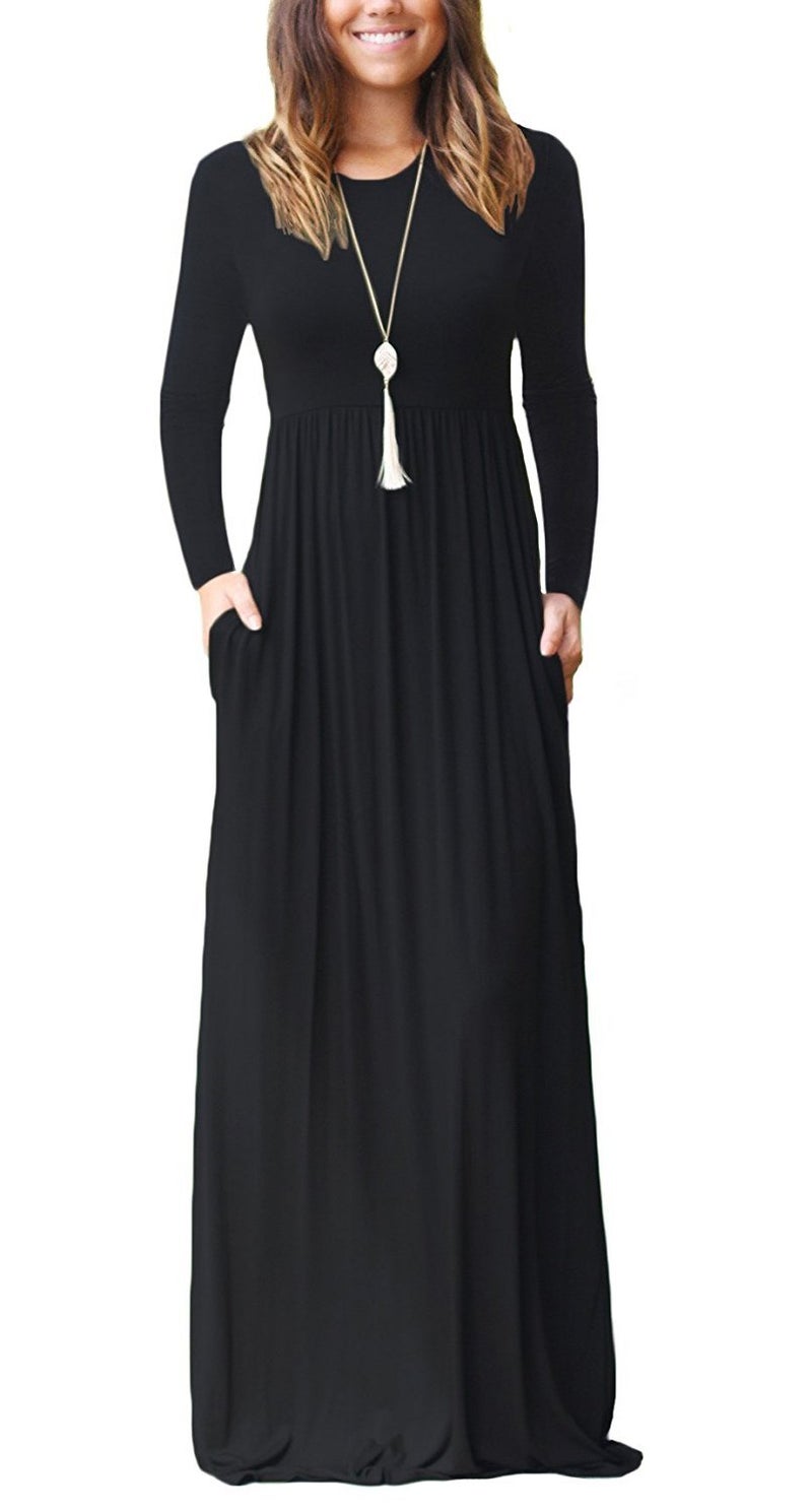 GRECERELLE Women Long Sleeve Casual Round Neck Loose Maxi Long Dress with Pockets, Black, XL - Image 4