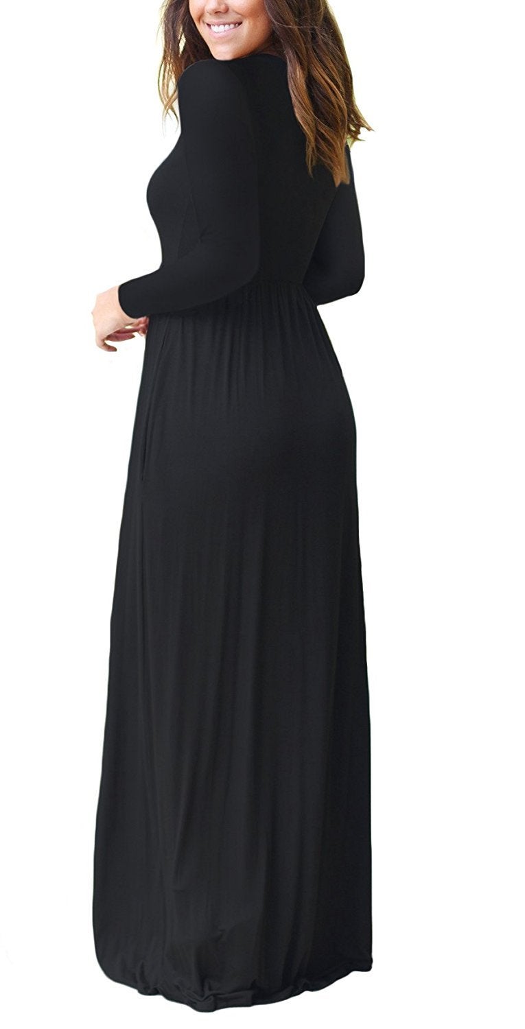 GRECERELLE Women Long Sleeve Casual Round Neck Loose Maxi Long Dress with Pockets, Black, XL - Image 3