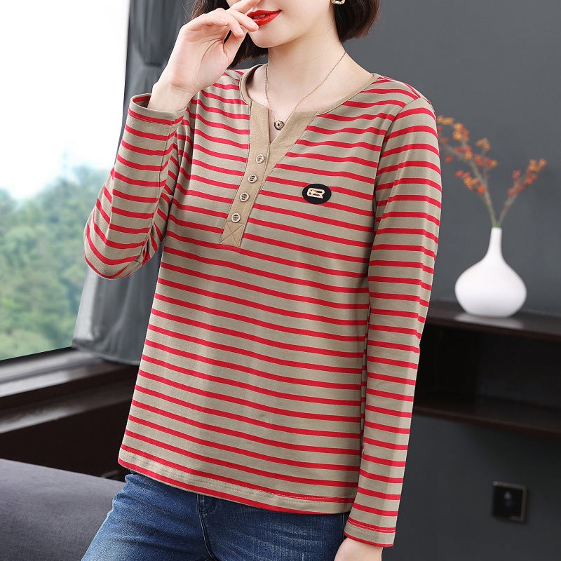 Fashionable Long-Sleeved T-Shirt For Women 2024 Autumn New Large Size Stripesd Top Middle-Aged And Elderly Mothers Fashionable Bottoming Shirt - Image 1