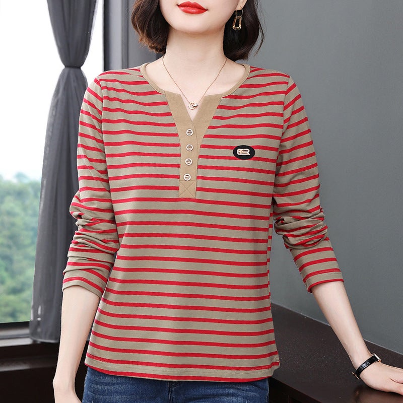 Fashionable Long-Sleeved T-Shirt For Women 2024 Autumn New Large Size Stripesd Top Middle-Aged And Elderly Mothers Fashionable Bottoming Shirt - Image 4