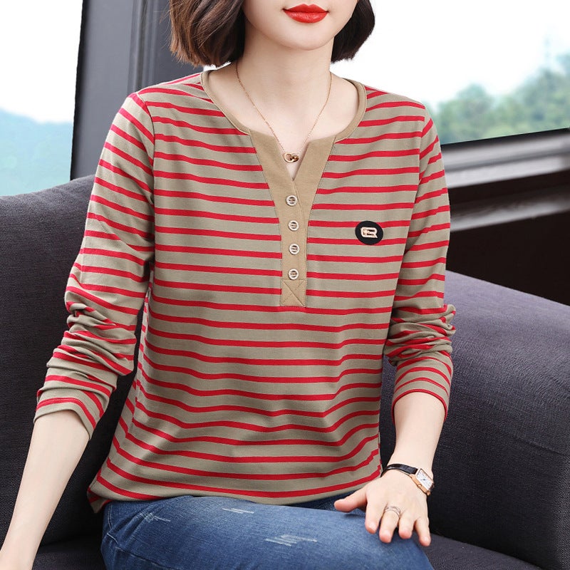 Fashionable Long-Sleeved T-Shirt For Women 2024 Autumn New Large Size Stripesd Top Middle-Aged And Elderly Mothers Fashionable Bottoming Shirt - Image 2
