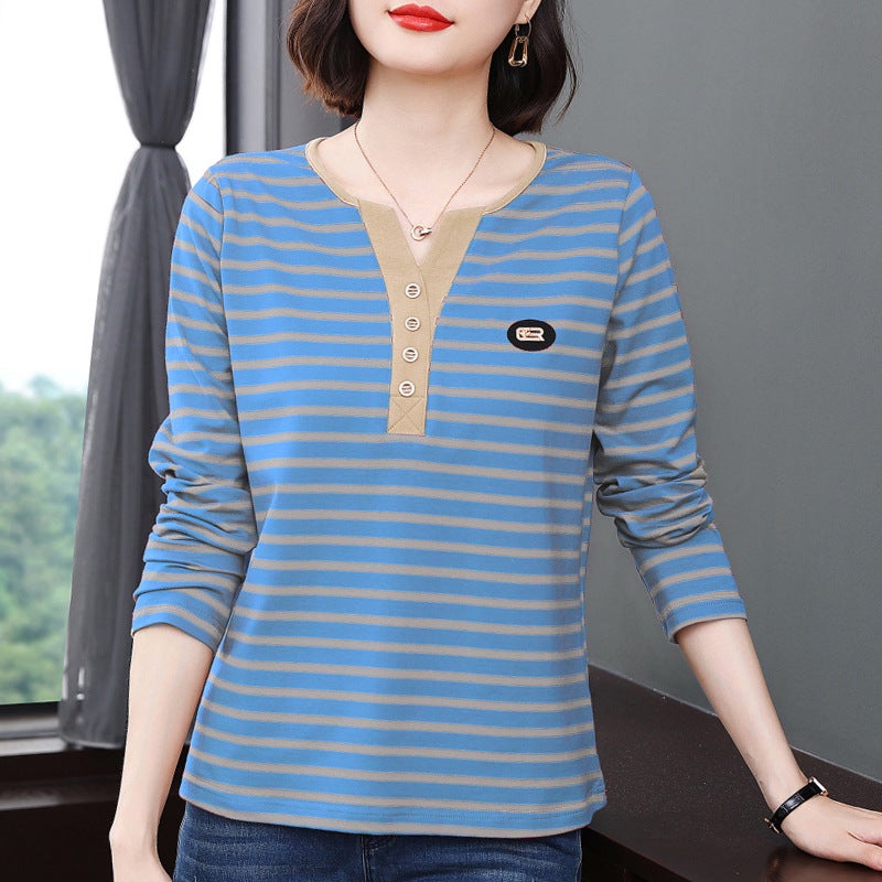 Fashionable Long-Sleeved T-Shirt For Women 2024 Autumn New Large Size Stripesd Top Middle-Aged And Elderly Mothers Fashionable Bottoming Shirt - Image 3