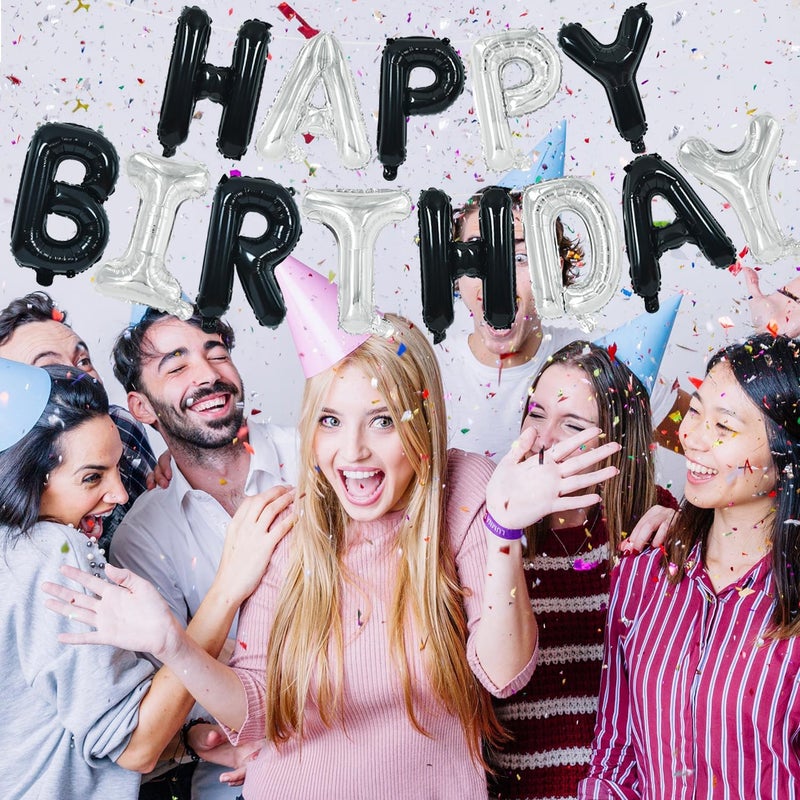 تونيفول لافتة بالونات عيد ميلاد سعيد مع قش شريط من تونيفول - 16 بوصة، حروف مايلار، لافتة راية بالونات قابلة لإعادة الاستخدام للفتيات والفتيان والأطفال والكبار، مستلزمات الهالوين (أسود فضي) - Image 4
