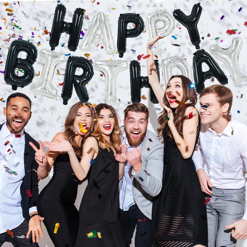 تونيفول لافتة بالونات عيد ميلاد سعيد مع قش شريط من تونيفول - 16 بوصة، حروف مايلار، لافتة راية بالونات قابلة لإعادة الاستخدام للفتيات والفتيان والأطفال والكبار، مستلزمات الهالوين (أسود فضي) - Image 3