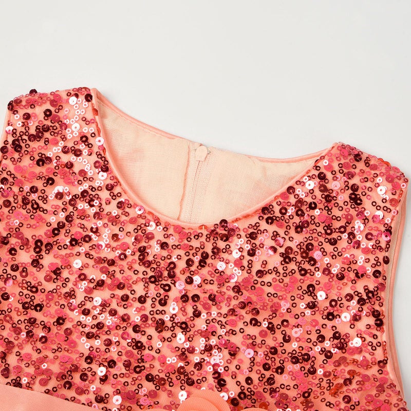 Uhnice Little Girl's Sequin Sleeveless Mesh Rainbow Dress for Wedding Party (Peach, 5-6/130) - Image 2