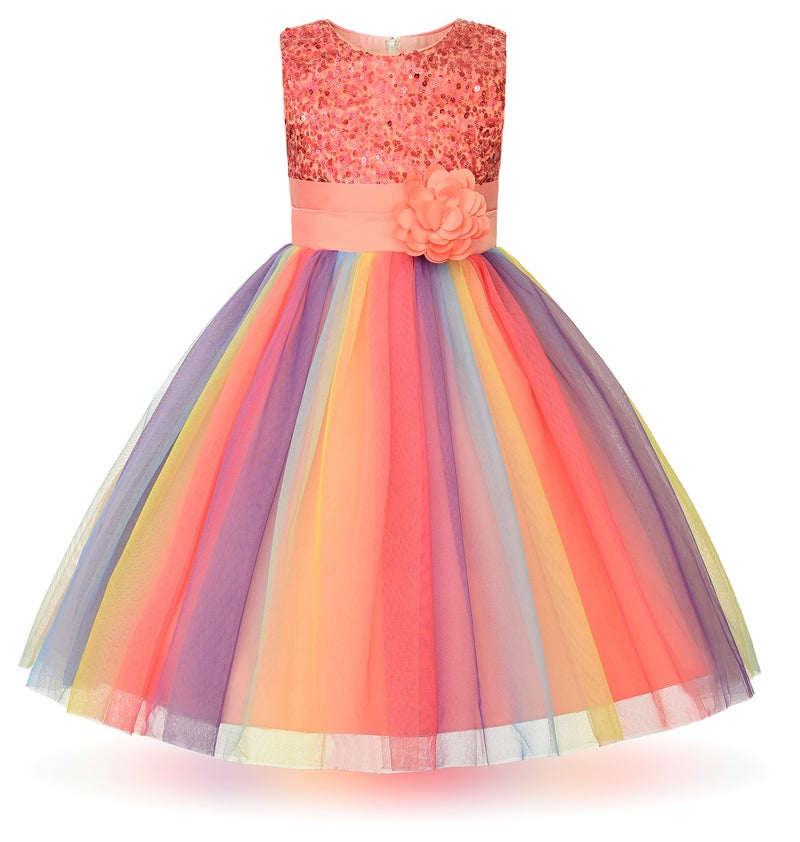Uhnice Little Girl's Sequin Sleeveless Mesh Rainbow Dress for Wedding Party (Peach, 5-6/130) - Image 1