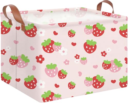 HKEC Rectangle Storage Basket with HandlesCollapsible Storage BinBooks BoxGift BasketStrawberry - Image 1