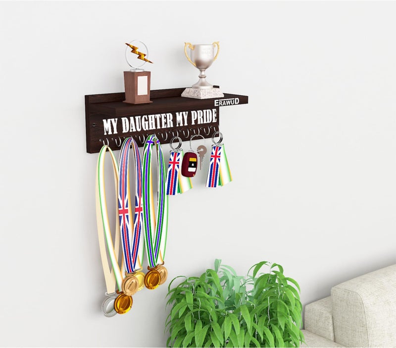 ERAWUD Wooden Medal & Key Holder – Wall Mounted Trophy Shelf with 11 Hooks – “My Daughter My Pride” Award Display Rack – Engineered Wood – Wenge Finish - Image 2