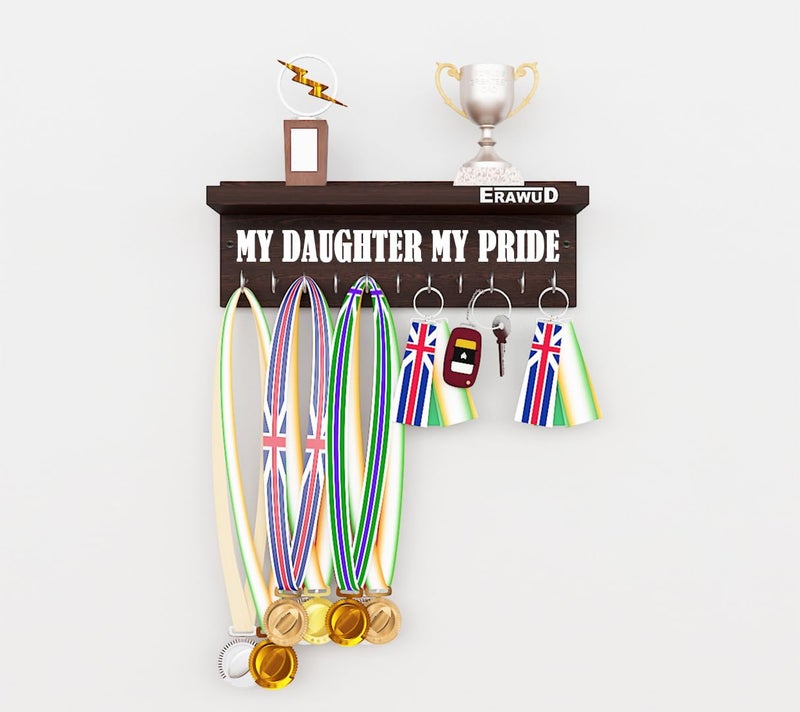 ERAWUD Wooden Medal & Key Holder – Wall Mounted Trophy Shelf with 11 Hooks – “My Daughter My Pride” Award Display Rack – Engineered Wood – Wenge Finish - Image 1