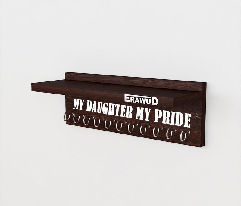 ERAWUD Wooden Medal & Key Holder – Wall Mounted Trophy Shelf with 11 Hooks – “My Daughter My Pride” Award Display Rack – Engineered Wood – Wenge Finish - Image 5