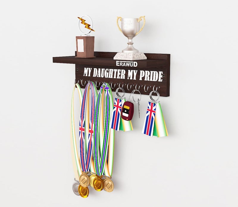ERAWUD Wooden Medal & Key Holder – Wall Mounted Trophy Shelf with 11 Hooks – “My Daughter My Pride” Award Display Rack – Engineered Wood – Wenge Finish - Image 4