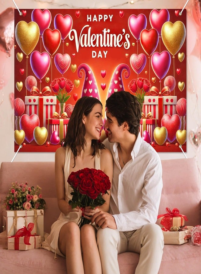BlissYard Valentines Day Backdrop Happy Valentine's Day Banner Party Decorations Love Heart Romantic Gnomes Happy Valentines Day Banner 71 * 43 inch Photo Booth Props 14 February Party Decor - Image 3