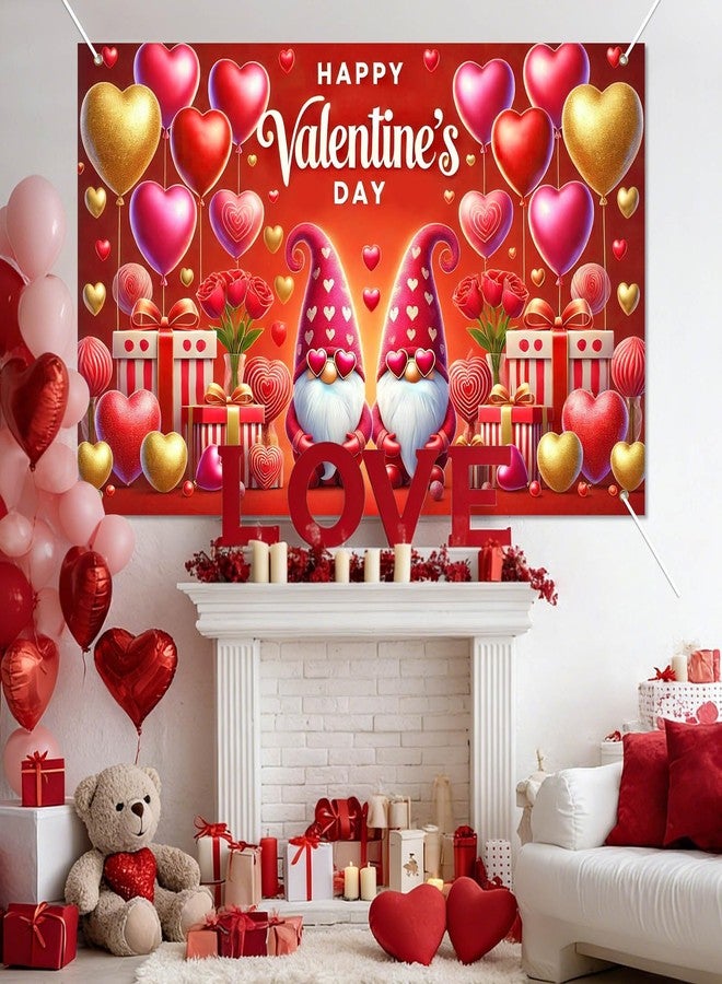BlissYard Valentines Day Backdrop Happy Valentine's Day Banner Party Decorations Love Heart Romantic Gnomes Happy Valentines Day Banner 71 * 43 inch Photo Booth Props 14 February Party Decor - Image 2