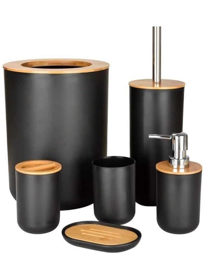 طقم 6 قطع إكسسوارات حمام مودرن مع لمسة خشبية فاخرة – شامل سلة مهملات بغطاء، فرشاة تواليت بحامل مغلق، موزع صابون سائل بآلية ضخ قوية، كوب فرش الأسنان، علبة فرش ومعجون، وصحن صابون – تصميم متين، مقاوم للماء والرطوبة، عملي وأنيق لتنظيم جميع أدوات الحمام والحفاظ على النظافة والترتيب-أسود - Image 1