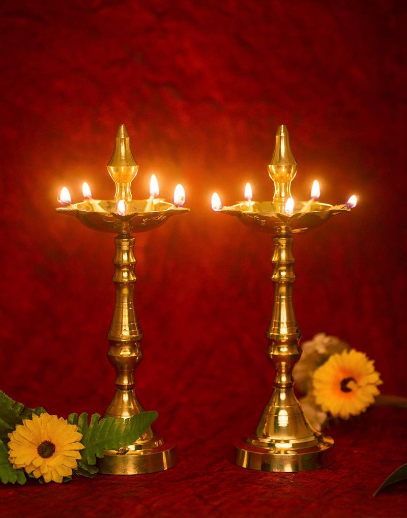 Denique Brass Traditional Kerala OilGhee Diya Deepak Lamp Long Diyas for Home Pooja Room Pancharti Panchmukhi Pital Diya Decoration Aarti Diwali Height 19 CMPack of 2 - Image 2