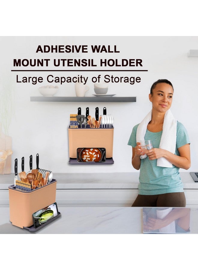 BAREPEPE Self Adhesive Plastic Wall Mounted Kitchen Cutlery Holder,Spoon Holder,Chopstick Holder Organizer Stand (Beige & Grey) - Image 2