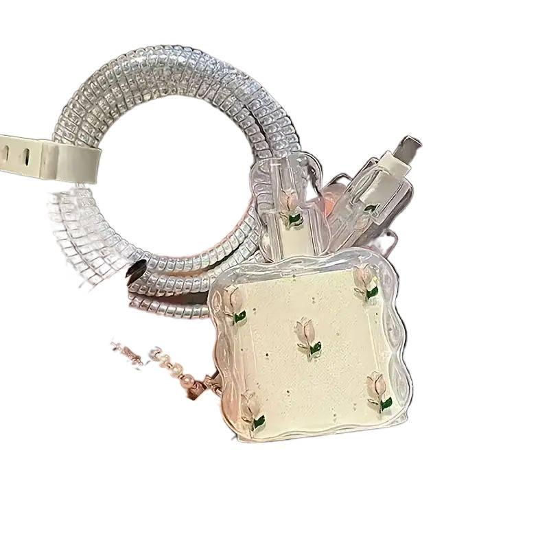 طقم حماية لرأس الشاحن وأطراف الكابل 20 واط مع تصميم لطيف باللون شفاف وحماية من الانحناء للعناية اليومية بالكابل - Lilac Ribbon - Image 1