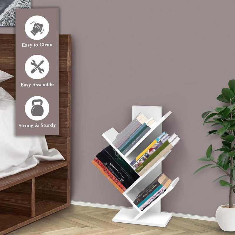 ABOUT SPACE حول رف الكتب الشجري من ABOUT SPACE - حامل كتب بأربعة أرفف للمكتبة المنزلية والمكتب، مصنوع من الخشب الهندسي للتخزين والعرض متعدد الاستخدامات، رف عمودي لغرفة النوم وغرفة المعيشة (الطول 30 × العرض 18 × ��لارتفاع 63 سم - أبيض) - Image 5