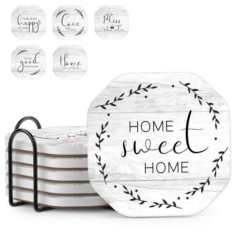 UMIRRO Rustic Farmhouse Coasters for Wooden Table Modern Ceramic Coasters with Holder for Coffee Table Decor Housewarming Gifts for New HouseHome Assorted Design White 4 6 Pack