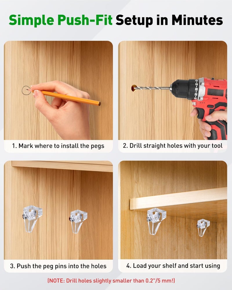 Vibit 100 Pcs Shelf Support Pegs, 5mm Cabinet Shelf Pins, Clear Plastic Cabinet Shelf Pegs Shelf Brackets, Support Pegs for Shelves, Shelf Holders for Kitchen Cabinet Bookcase Cupboard Wood Furniture - Image 4