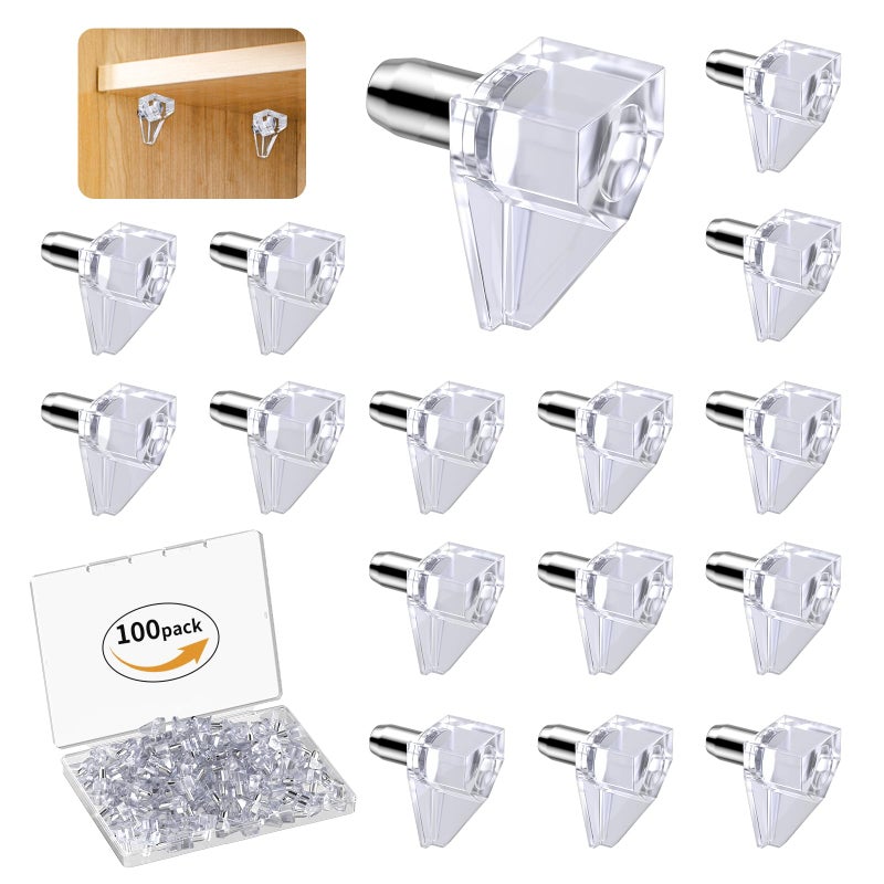 Vibit 100 Pcs Shelf Support Pegs, 5mm Cabinet Shelf Pins, Clear Plastic Cabinet Shelf Pegs Shelf Brackets, Support Pegs for Shelves, Shelf Holders for Kitchen Cabinet Bookcase Cupboard Wood Furniture - Image 1