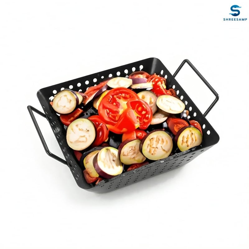 SHREESAMP SHREESAMP BBQ Tray Square Heavy Duty Carbon Steel, Nonstick BBQ Grilling Wok, Topper Barbecue Non-Stick Grill Basket Oil Drain Tray Holes For Grilling Meat, Vegetables, Seafood & Outdoor Cooking  - Image 4