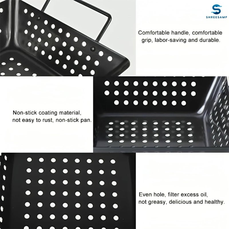 SHREESAMP SHREESAMP BBQ Tray Square Heavy Duty Carbon Steel, Nonstick BBQ Grilling Wok, Topper Barbecue Non-Stick Grill Basket Oil Drain Tray Holes For Grilling Meat, Vegetables, Seafood & Outdoor Cooking  - Image 3