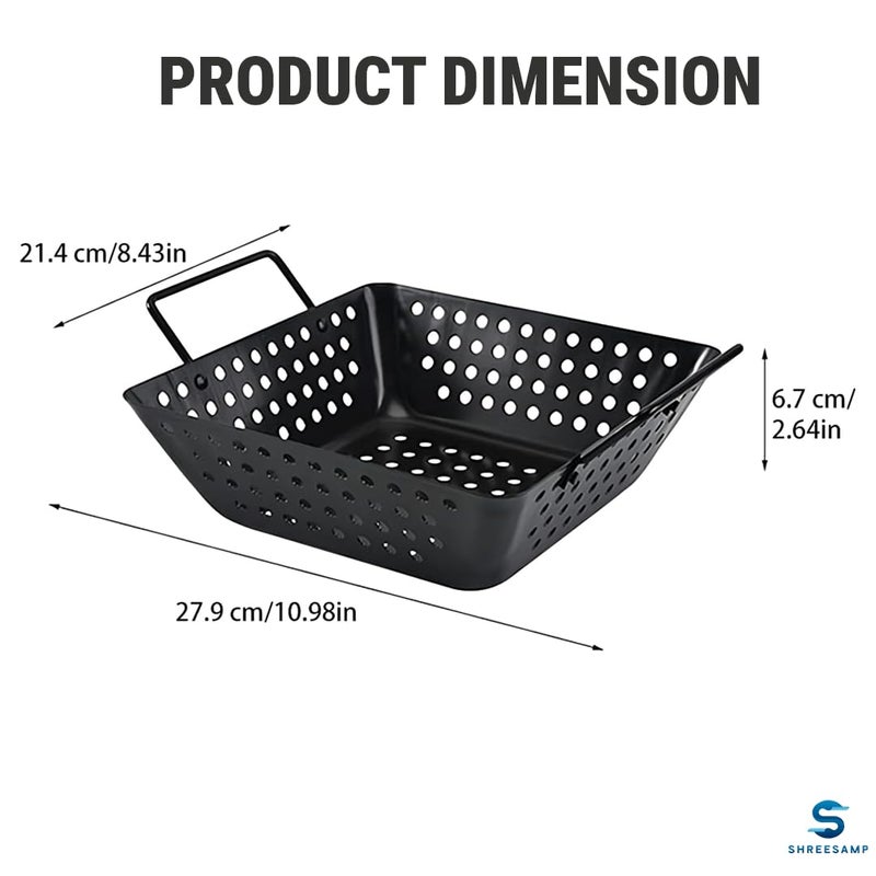 SHREESAMP SHREESAMP BBQ Tray Square Heavy Duty Carbon Steel, Nonstick BBQ Grilling Wok, Topper Barbecue Non-Stick Grill Basket Oil Drain Tray Holes For Grilling Meat, Vegetables, Seafood & Outdoor Cooking  - Image 2