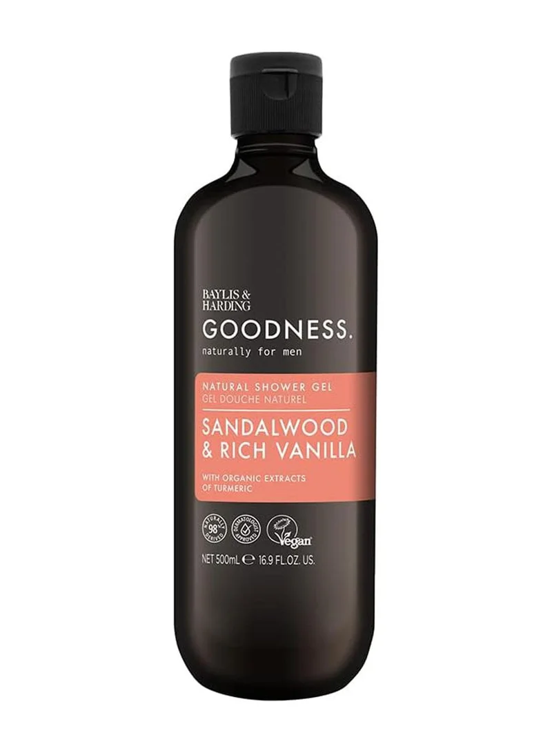 Baylis & Harding Goodness Sandalwood and Vanilla Shower Gel for Men, 500ml | Plant-Based Body Wash | Vegan and Cruelty-Free | Soothing and Moisturising Formula with Essential Oils
