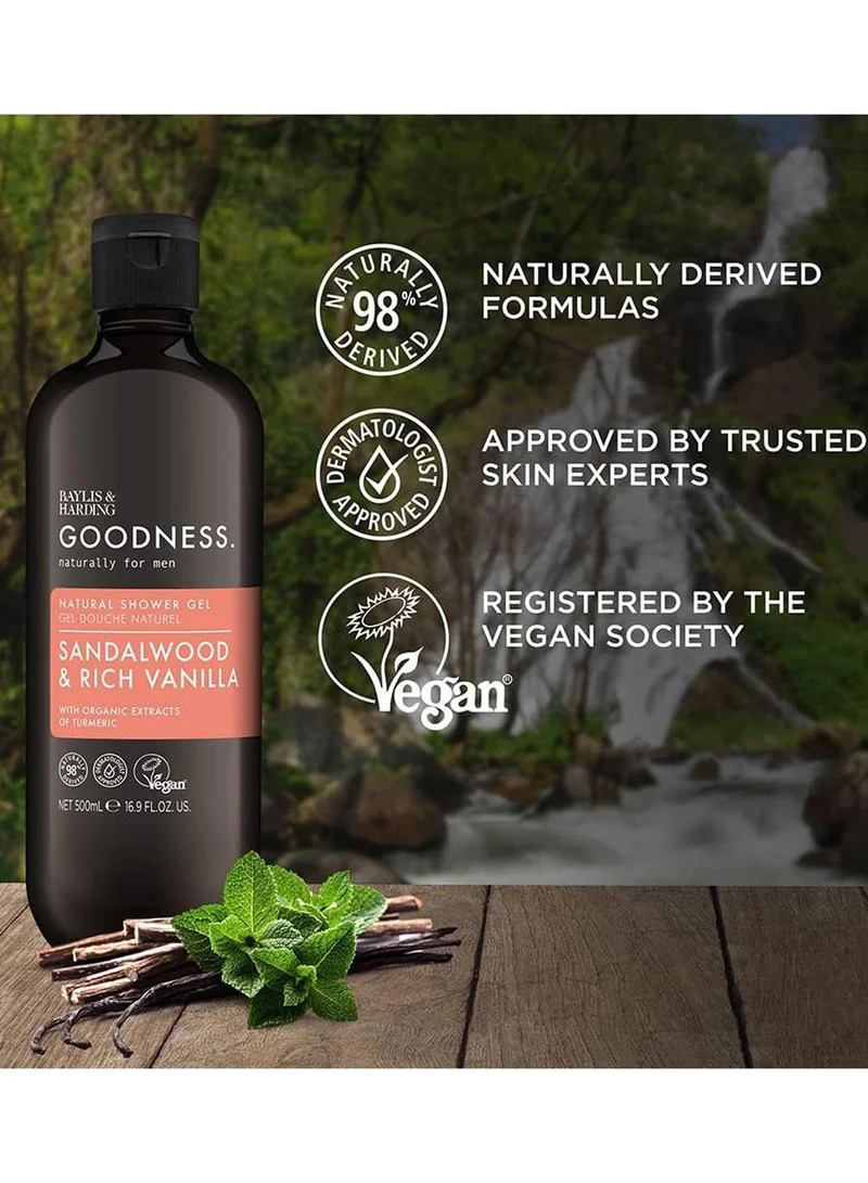 Baylis & Harding  Goodness Sandalwood and Vanilla Shower Gel for Men, 500ml | Plant-Based Body Wash | Vegan and Cruelty-Free | Soothing and Moisturising Formula with Essential Oils for Men | Best Price UAE