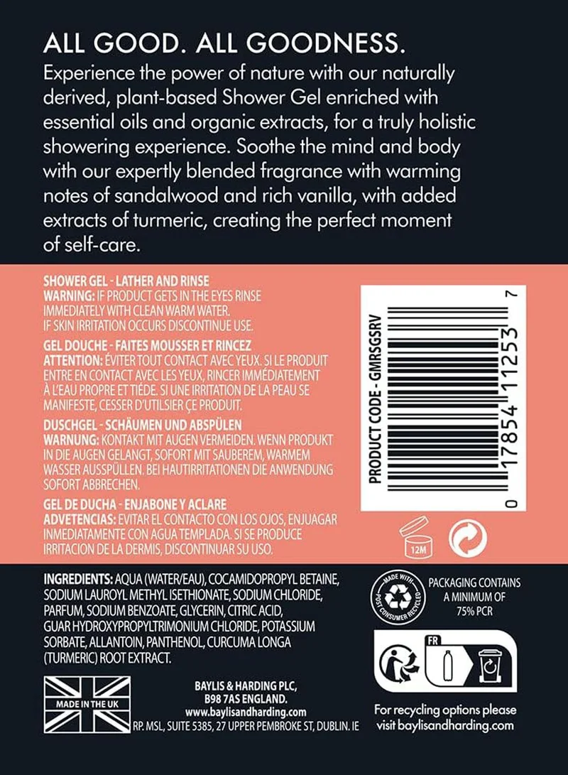 Baylis & Harding  Goodness Sandalwood and Vanilla Shower Gel for Men, 500ml | Plant-Based Body Wash | Vegan and Cruelty-Free | Soothing and Moisturising Formula with Essential Oils for Men | Best Price UAE