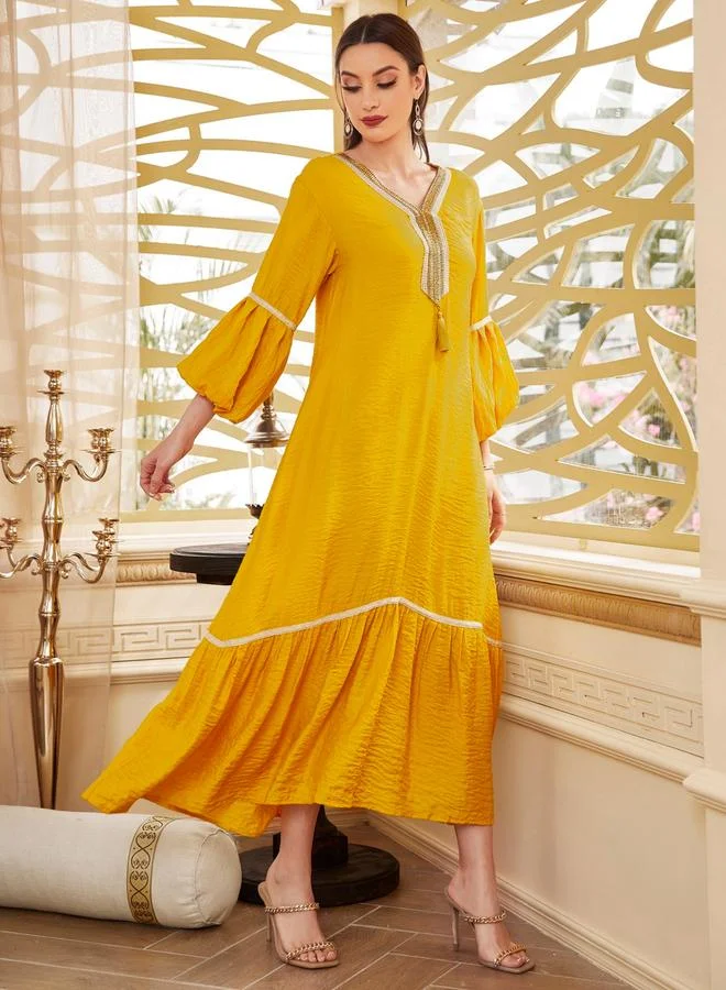 Take Two Yellow Solid V Neck A-Line Maxi Dress